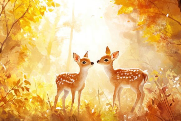 Download Cute Deers in the Forest Painting Backgr - Forest painting Collection
